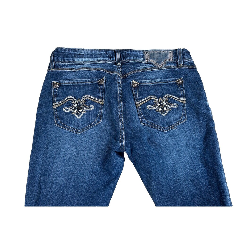 Rerock For Express Capri Jeans Women Size 6 Blue Rhinestones Embellished Stretch